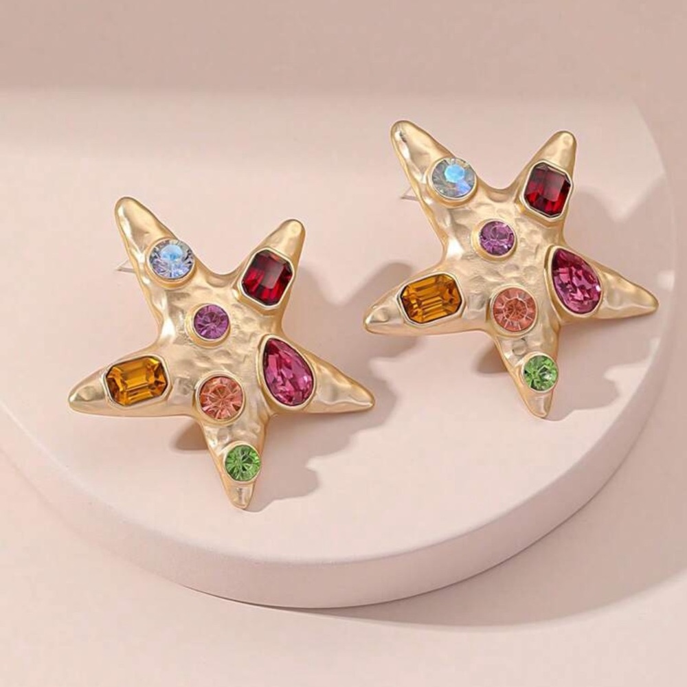 Gold Star Earrings with Multicolor Gemstones